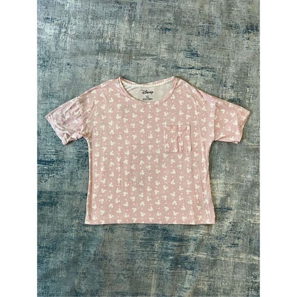 Disney Heathered Pink White Minnie Mickey Mouse Head Pattern Tee Small - Picture 1 of 6